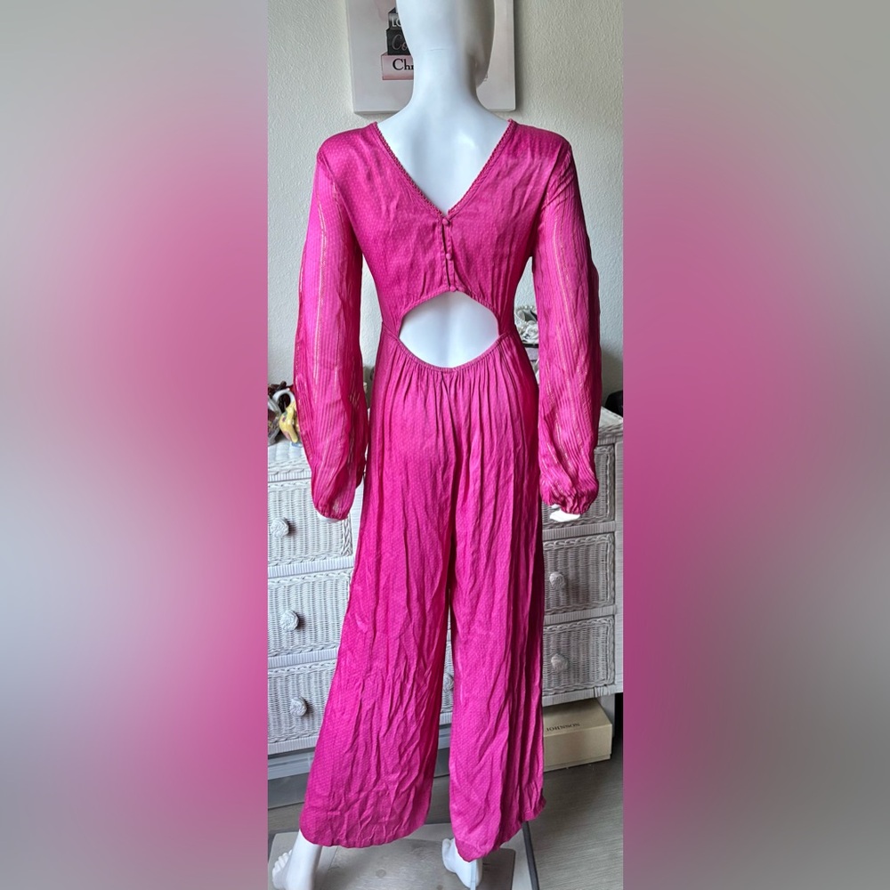 Anthropologie Riviera Jumpsuit Low Cut Wide-Leg Hot Pink w/ Gold stripes size M - Picture 5 of 15